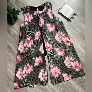 Adele & May Sleeveless Black Blouse w Floral Animal Print Sheer Overlay. Size L